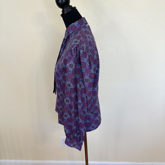 Vtg Womens Purple Blouse Large Purple Geometric Button Up Neck Tie 1980s Poly - Picture 9 of 12